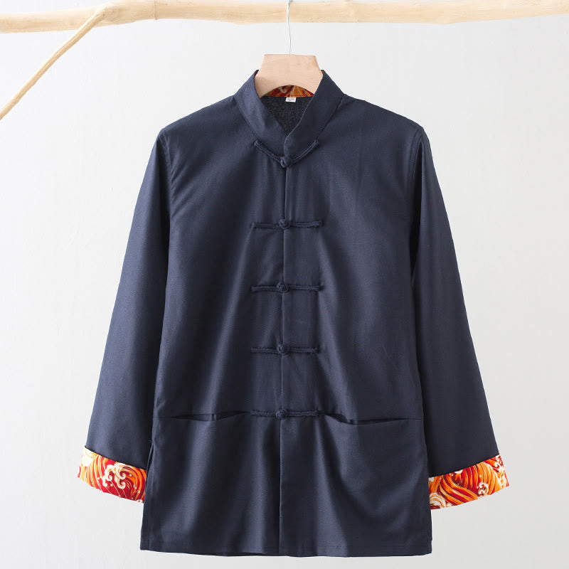 Buddha Stones Solid Embroidered Waves Long Sleeve Frog-Button Cotton Linen Men's Shirt