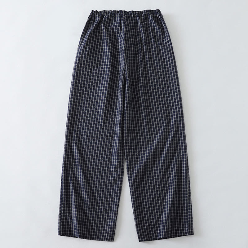 Buddha Stones Casual Plaid Pattern Women's Cotton Wide Leg Pants With Pockets