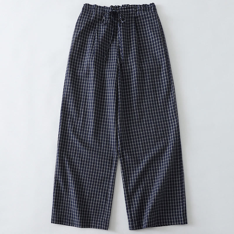 Buddha Stones Casual Plaid Pattern Women's Cotton Wide Leg Pants With Pockets