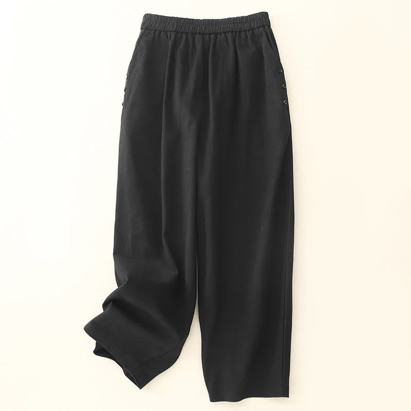 Buddha Stones Casual Snap Buttons Women's Cotton Polyester Pants With Pockets
