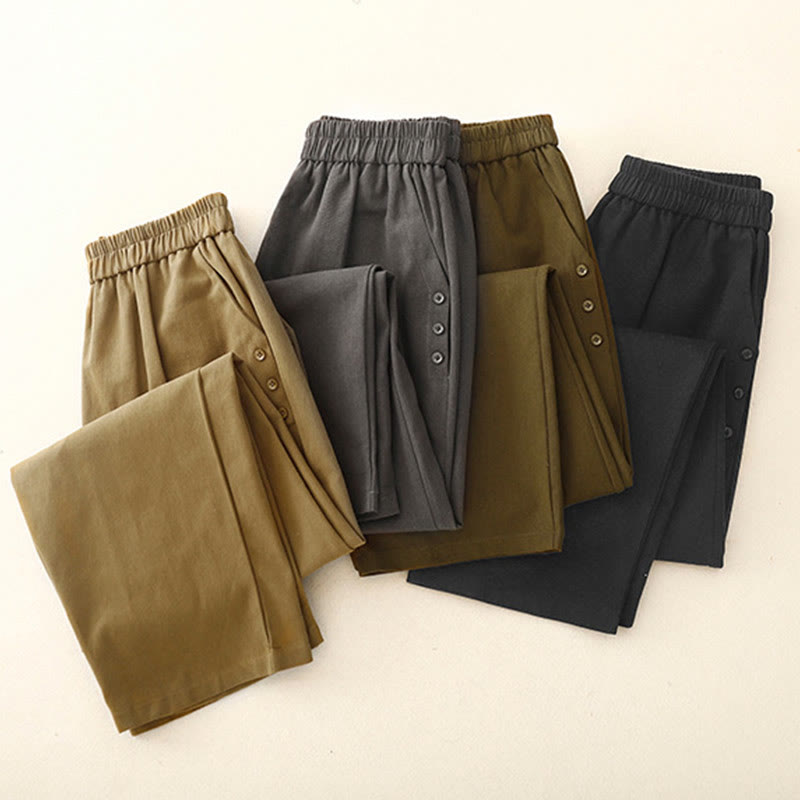 Buddha Stones Casual Snap Buttons Women's Cotton Polyester Pants With Pockets