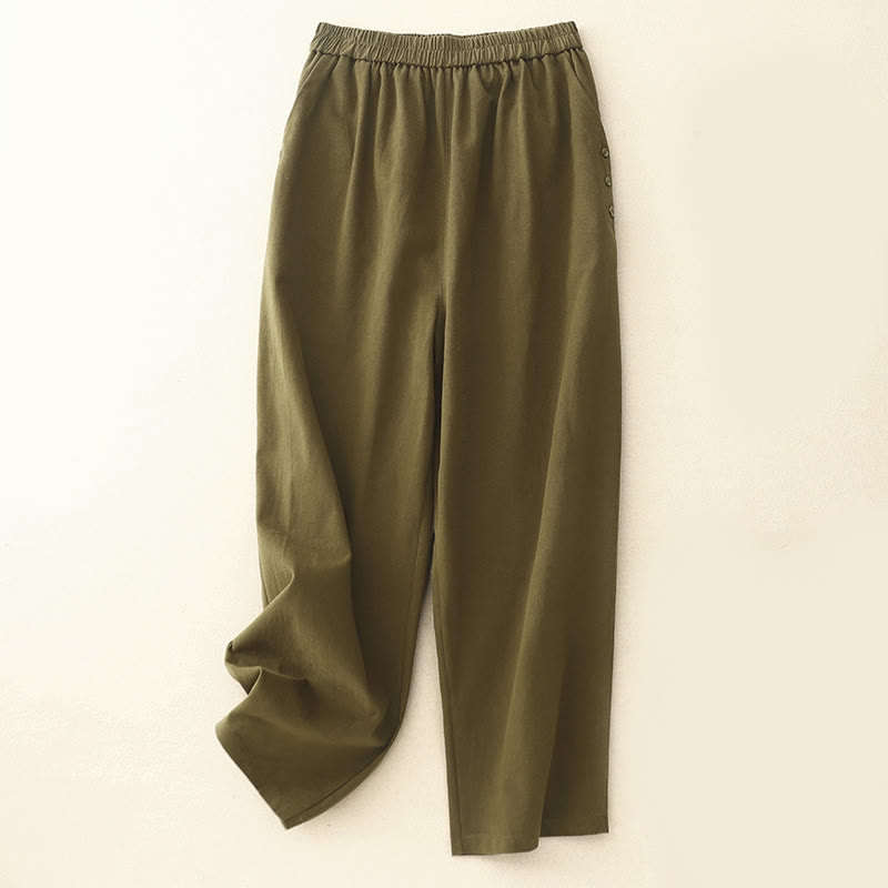 Buddha Stones Casual Snap Buttons Women's Cotton Polyester Pants With Pockets