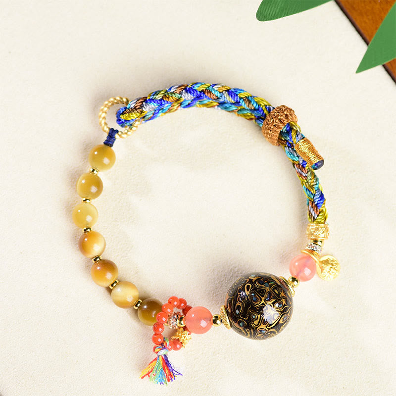 Buddha Stones Tibetan Lacquer Bead Hand-woven Tiger Eye Stone Protection Bracelet