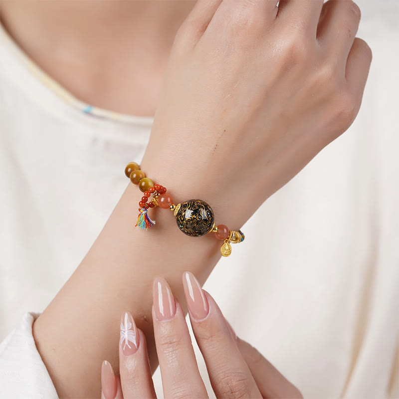 Buddha Stones Tibetan Lacquer Bead Hand-woven Tiger Eye Stone Protection Bracelet