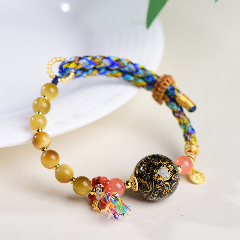 Buddha Stones Tibetan Lacquer Bead Hand-woven Tiger Eye Stone Protection Bracelet