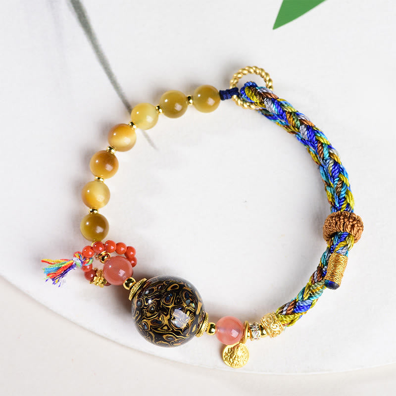 Buddha Stones Tibetan Lacquer Bead Hand-woven Tiger Eye Stone Protection Bracelet