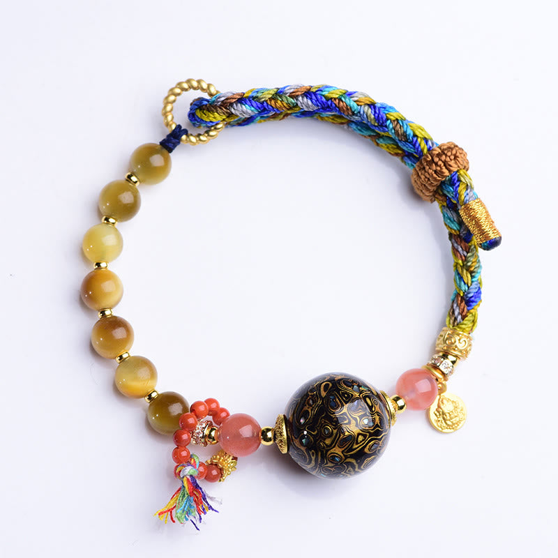 Buddha Stones Tibetan Lacquer Bead Hand-woven Tiger Eye Stone Protection Bracelet
