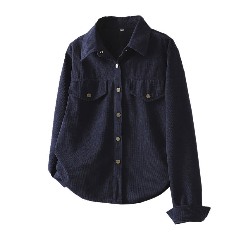 Buddha Stones Commute Plain Buttons Cotton Corduroy Women's Long Sleeve Shirt