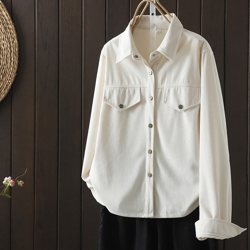 Buddha Stones Commute Plain Buttons Cotton Corduroy Women's Long Sleeve Shirt