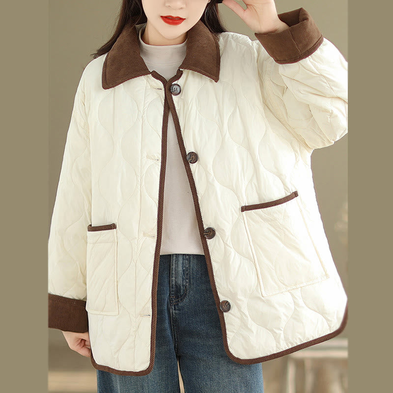 Buddha Stones Contrasting Color Lapel Women's Long Sleeve Cotton Jacket With Pockets
