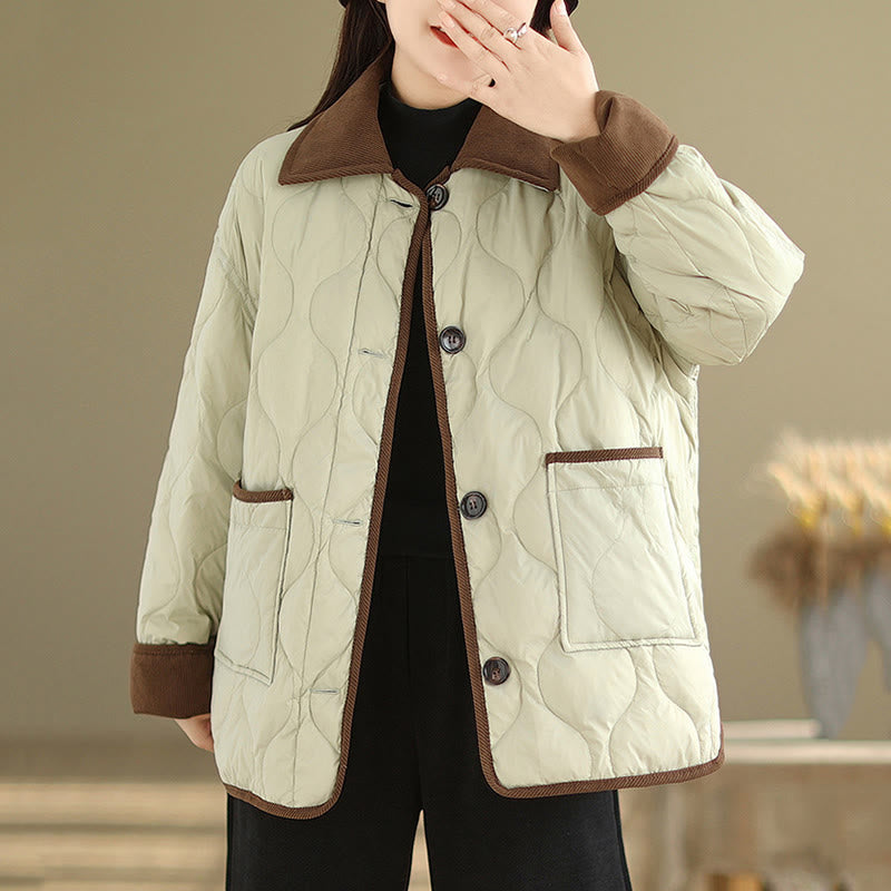 Buddha Stones Contrasting Color Lapel Women's Long Sleeve Cotton Jacket With Pockets