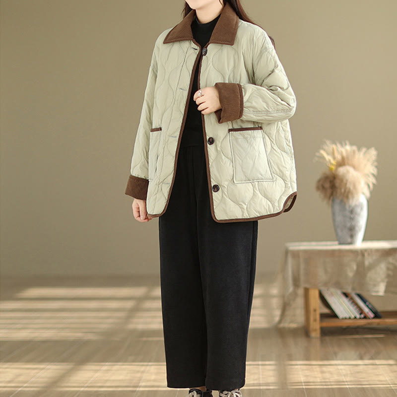 Buddha Stones Contrasting Color Lapel Women's Long Sleeve Cotton Jacket With Pockets