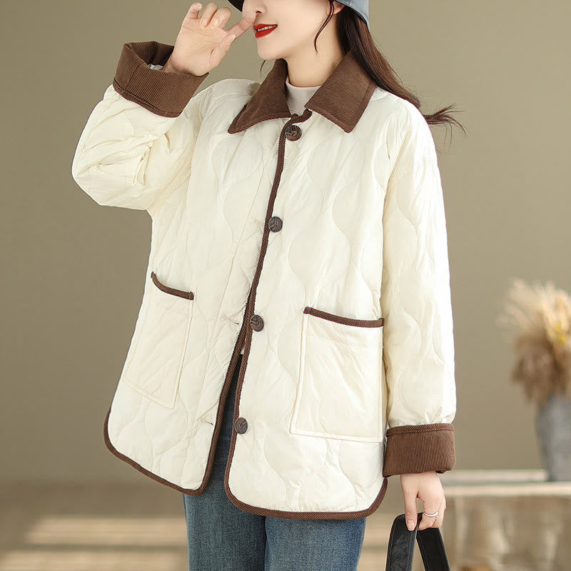 Buddha Stones Contrasting Color Lapel Women's Long Sleeve Cotton Jacket With Pockets