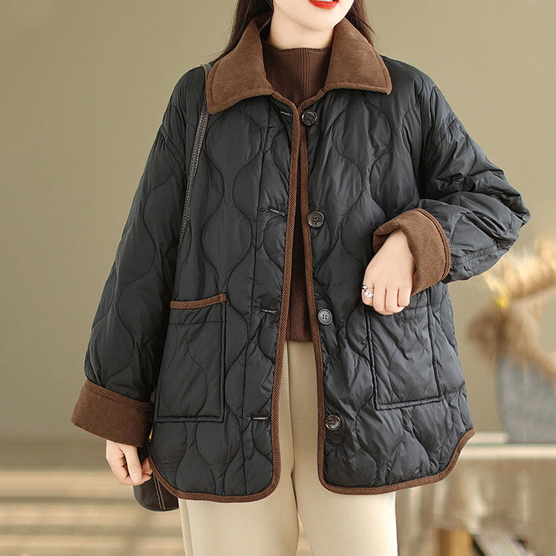 Buddha Stones Contrasting Color Lapel Women's Long Sleeve Cotton Jacket With Pockets