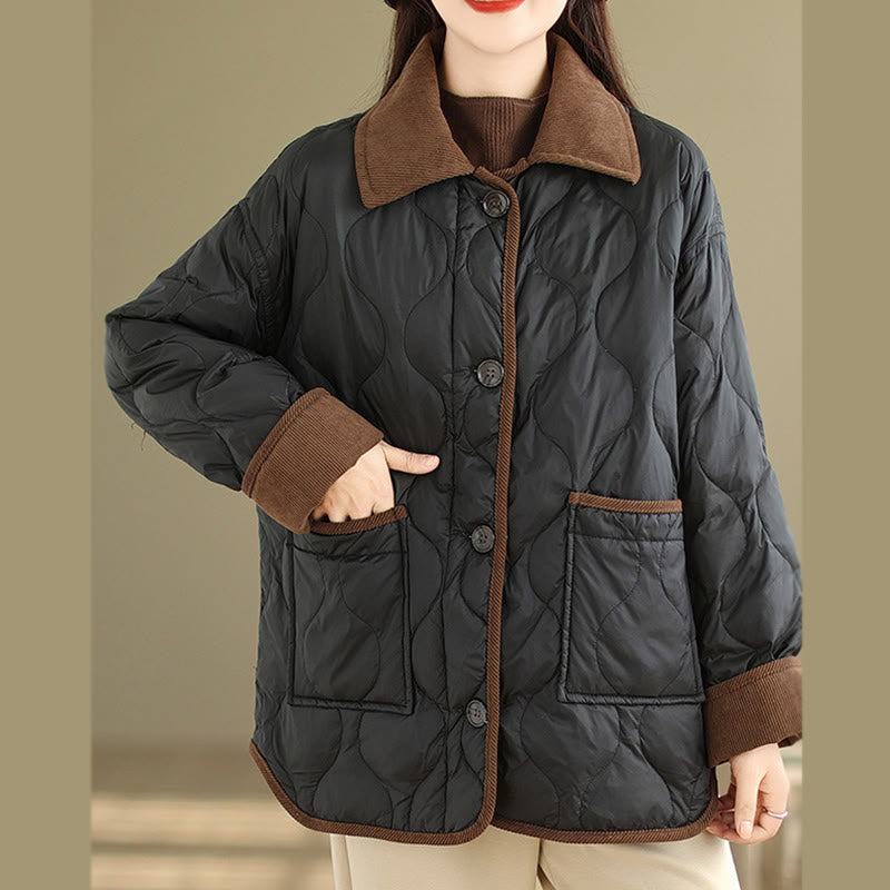 Buddha Stones Contrasting Color Lapel Women's Long Sleeve Cotton Jacket With Pockets