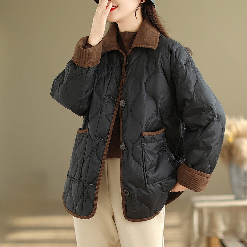 Buddha Stones Contrasting Color Lapel Women's Long Sleeve Cotton Jacket With Pockets