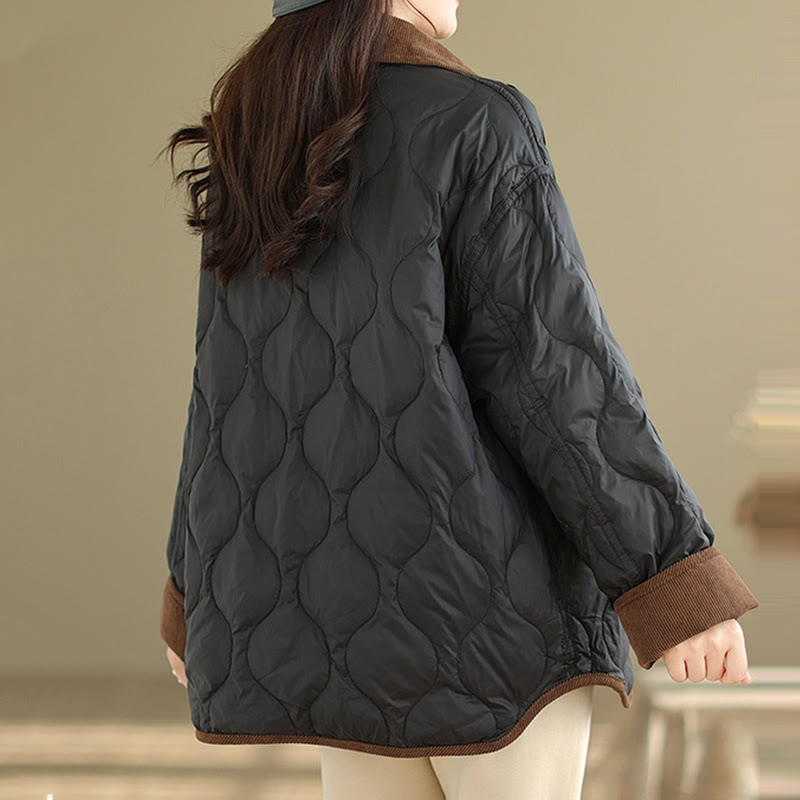 Buddha Stones Contrasting Color Lapel Women's Long Sleeve Cotton Jacket With Pockets