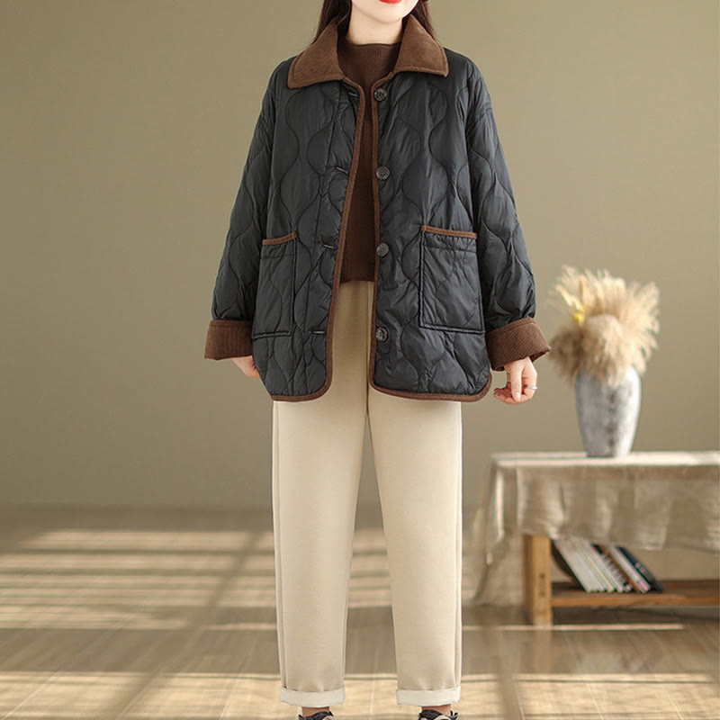 Buddha Stones Contrasting Color Lapel Women's Long Sleeve Cotton Jacket With Pockets
