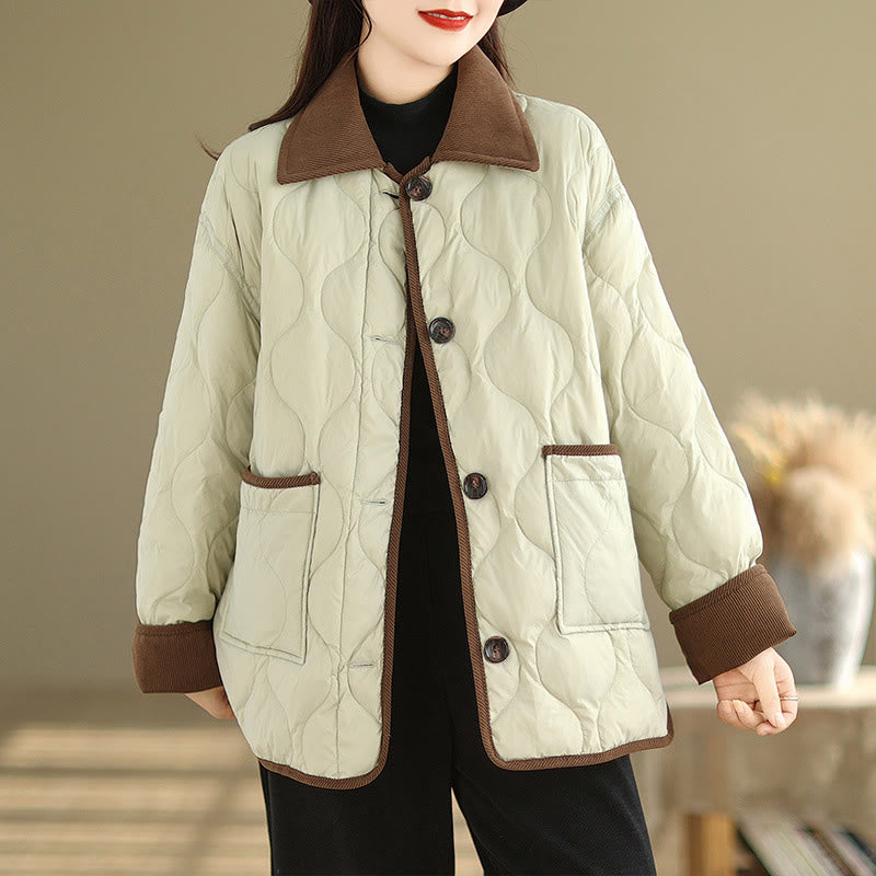 Buddha Stones Contrasting Color Lapel Women's Long Sleeve Cotton Jacket With Pockets