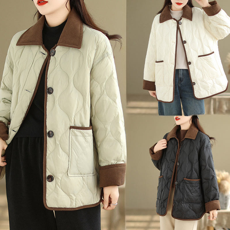 Buddha Stones Contrasting Color Lapel Women's Long Sleeve Cotton Jacket With Pockets