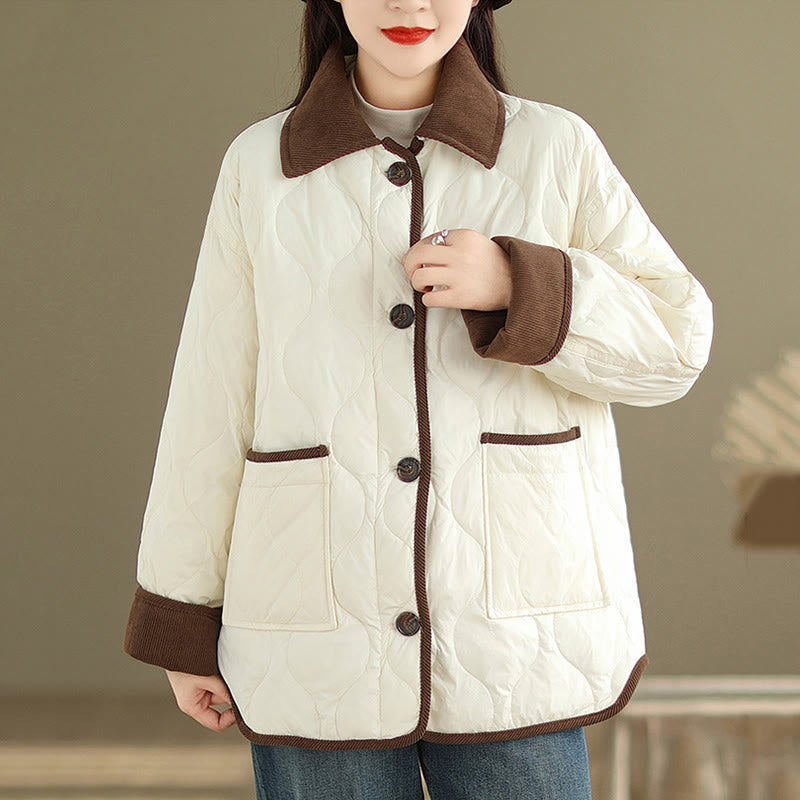 Buddha Stones Contrasting Color Lapel Women's Long Sleeve Cotton Jacket With Pockets