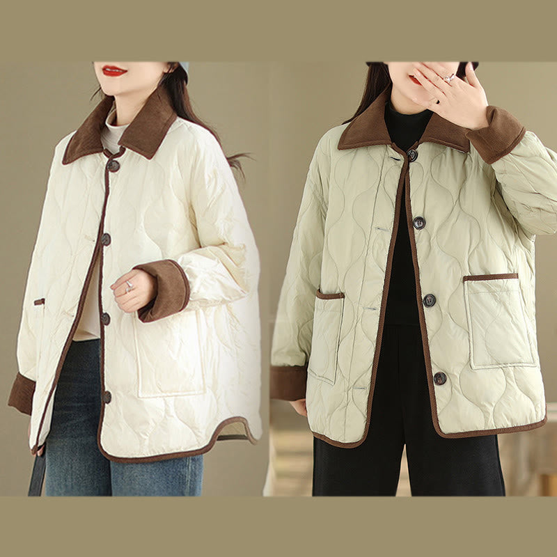 Buddha Stones Contrasting Color Lapel Women's Long Sleeve Cotton Jacket With Pockets