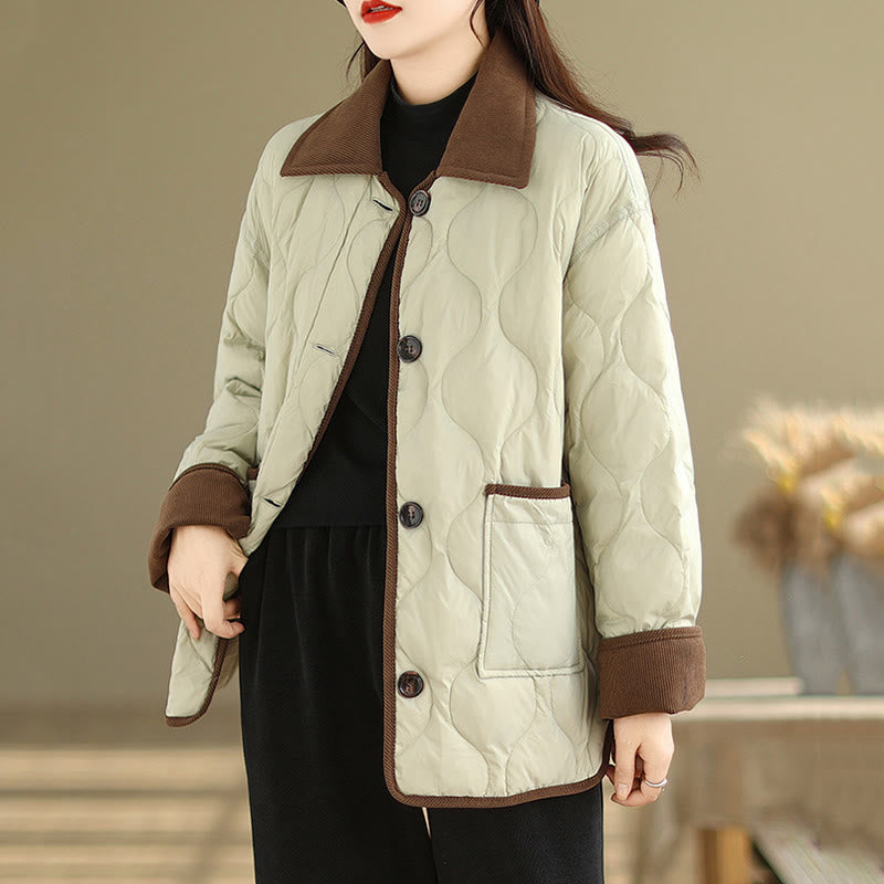 Buddha Stones Contrasting Color Lapel Women's Long Sleeve Cotton Jacket With Pockets