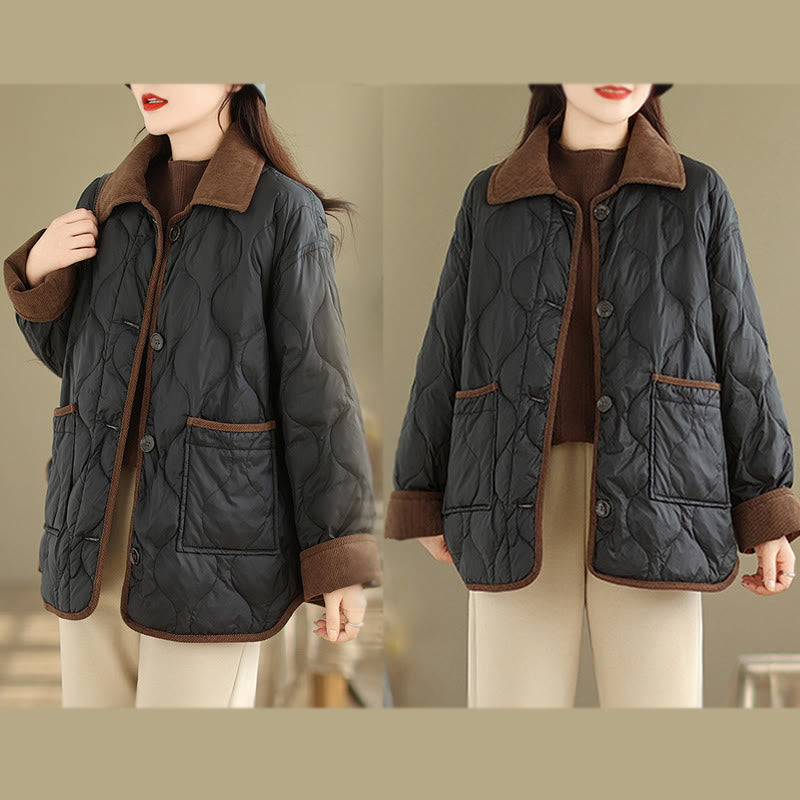 Buddha Stones Contrasting Color Lapel Women's Long Sleeve Cotton Jacket With Pockets