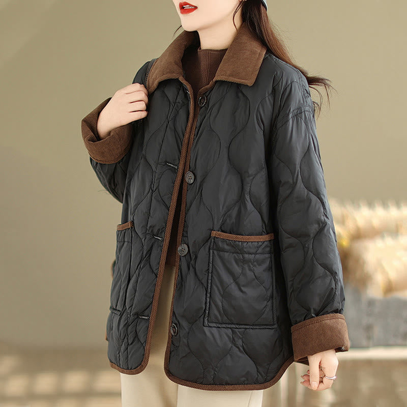 Buddha Stones Contrasting Color Lapel Women's Long Sleeve Cotton Jacket With Pockets