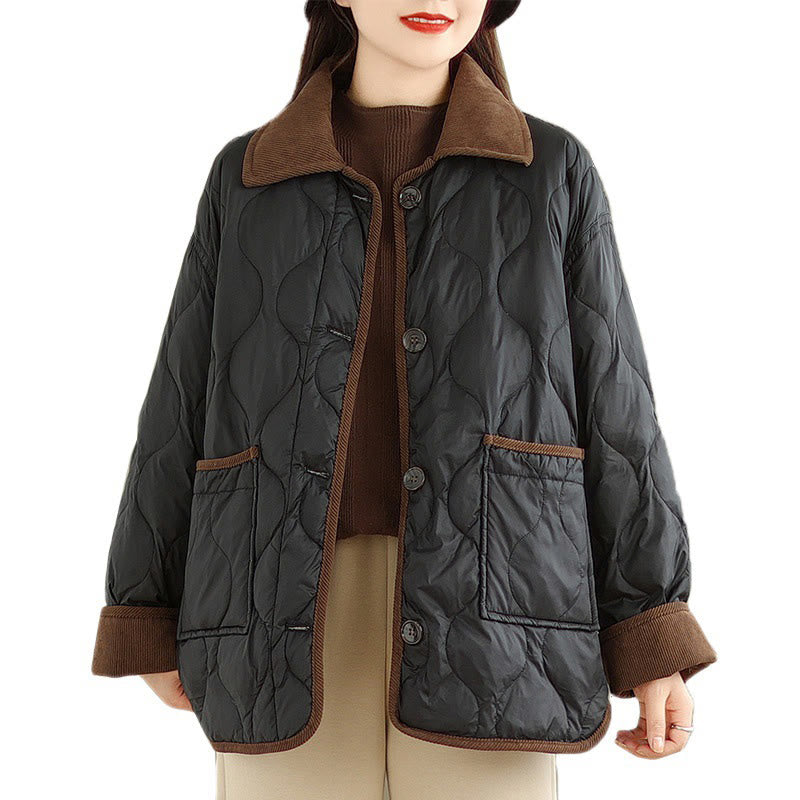 Buddha Stones Contrasting Color Lapel Women's Long Sleeve Cotton Jacket With Pockets