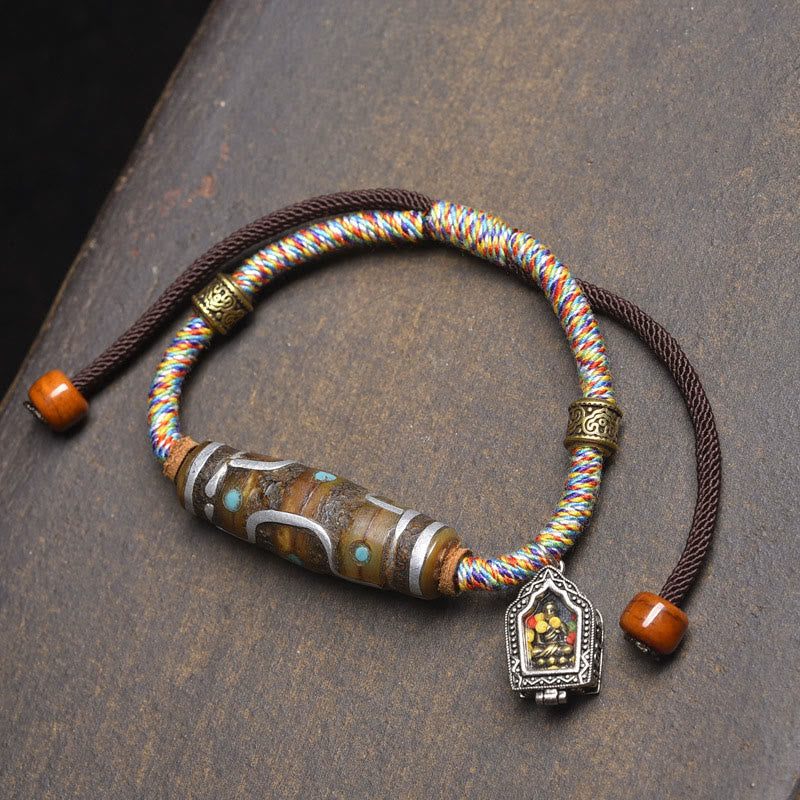 Buddha Stones Handcrafted Tibetan Nine-eye Dzi Bead Protection Rope Bracelet