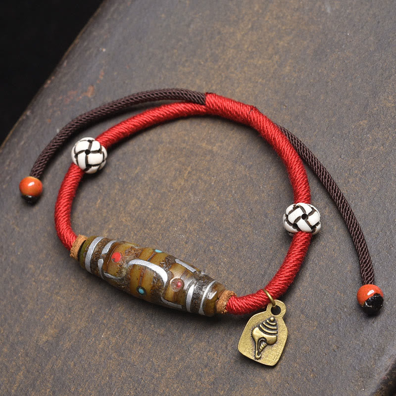 Buddha Stones Handcrafted Tibetan Nine-eye Dzi Bead Protection Rope Bracelet