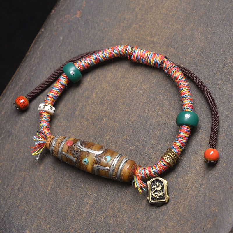 Buddha Stones Handcrafted Tibetan Nine-eye Dzi Bead Protection Rope Bracelet