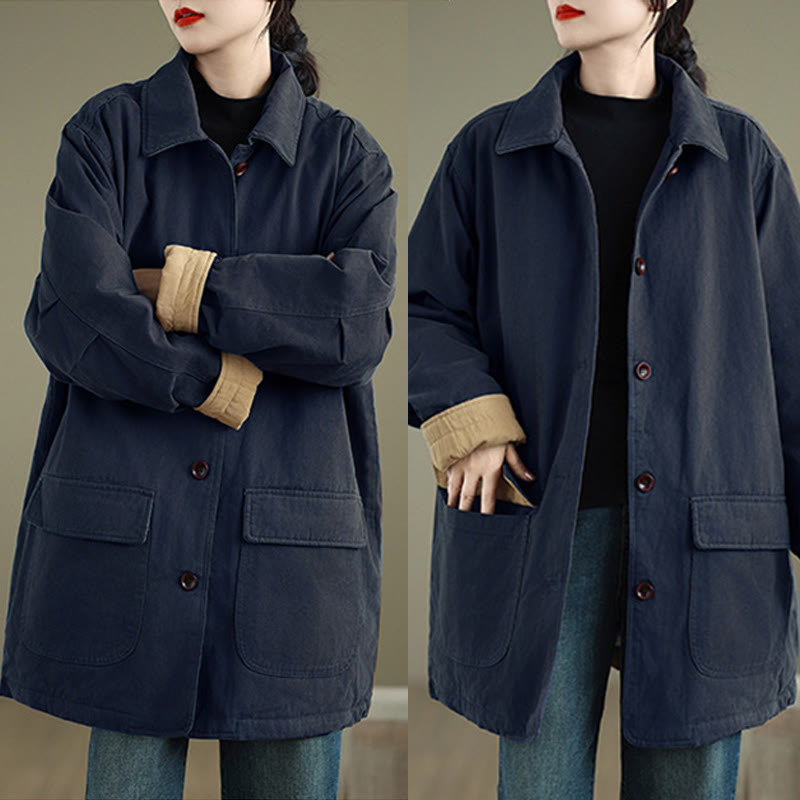 Buddha Stones Plain Lapel Buttons Design Women's Long Sleeve Quilted Cotton Jacket With Pockets