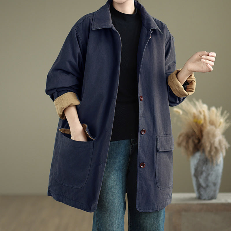 Buddha Stones Plain Lapel Buttons Design Women's Long Sleeve Quilted Cotton Jacket With Pockets