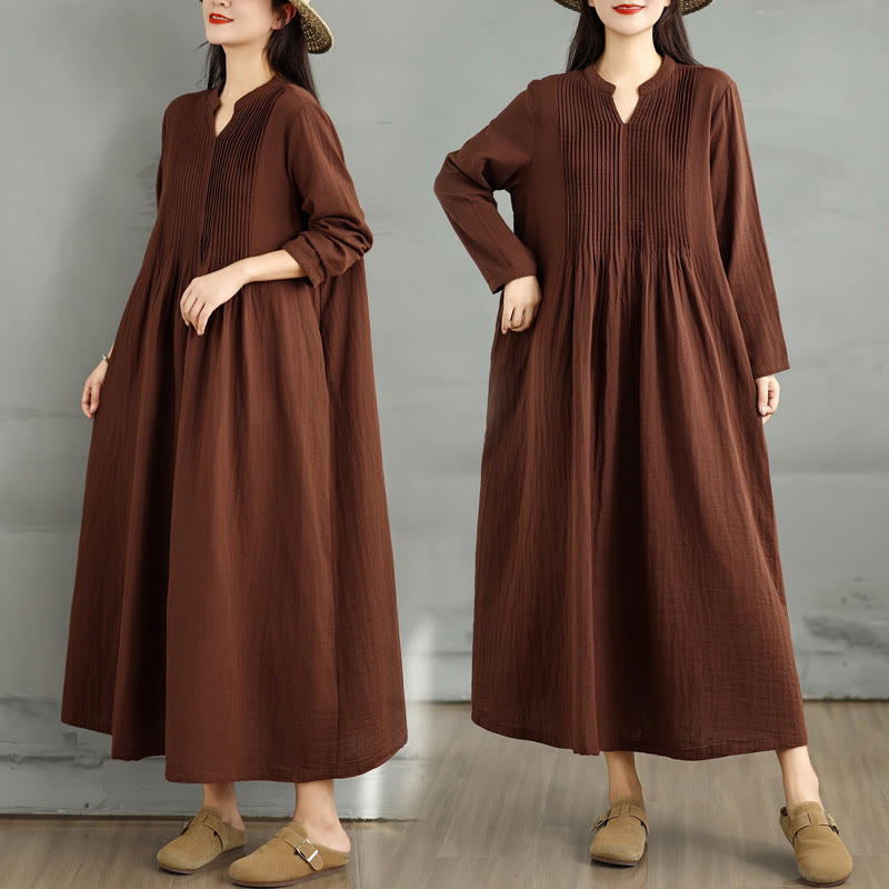 Buddha Stones Plain Long Sleeve Notched Collar Double-layer Cotton Midi Dress With Pockets