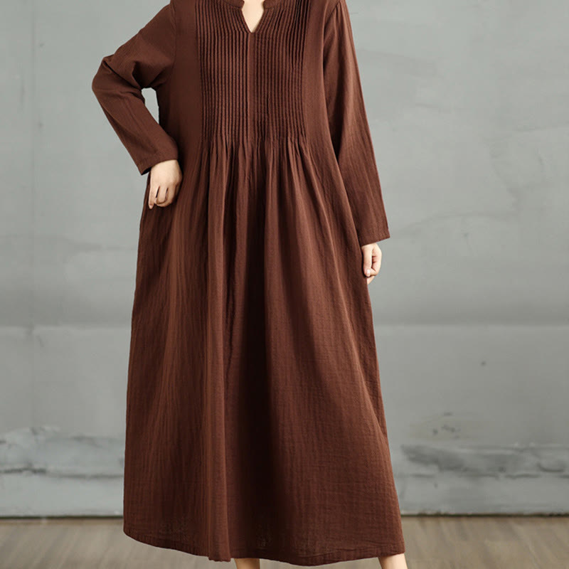 Buddha Stones Plain Long Sleeve Notched Collar Double-layer Cotton Midi Dress With Pockets