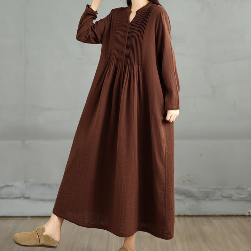 Buddha Stones Plain Long Sleeve Notched Collar Double-layer Cotton Midi Dress With Pockets