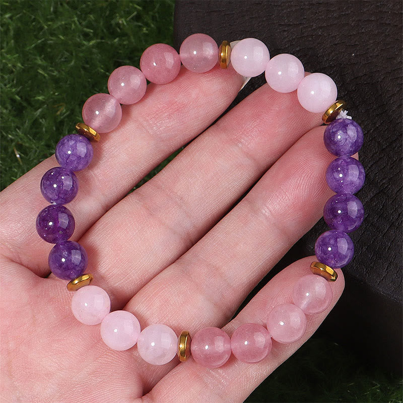 Buddha Stones Amethyst Strawberry Quartz Pink Crystal Beads Love Peace Bracelet
