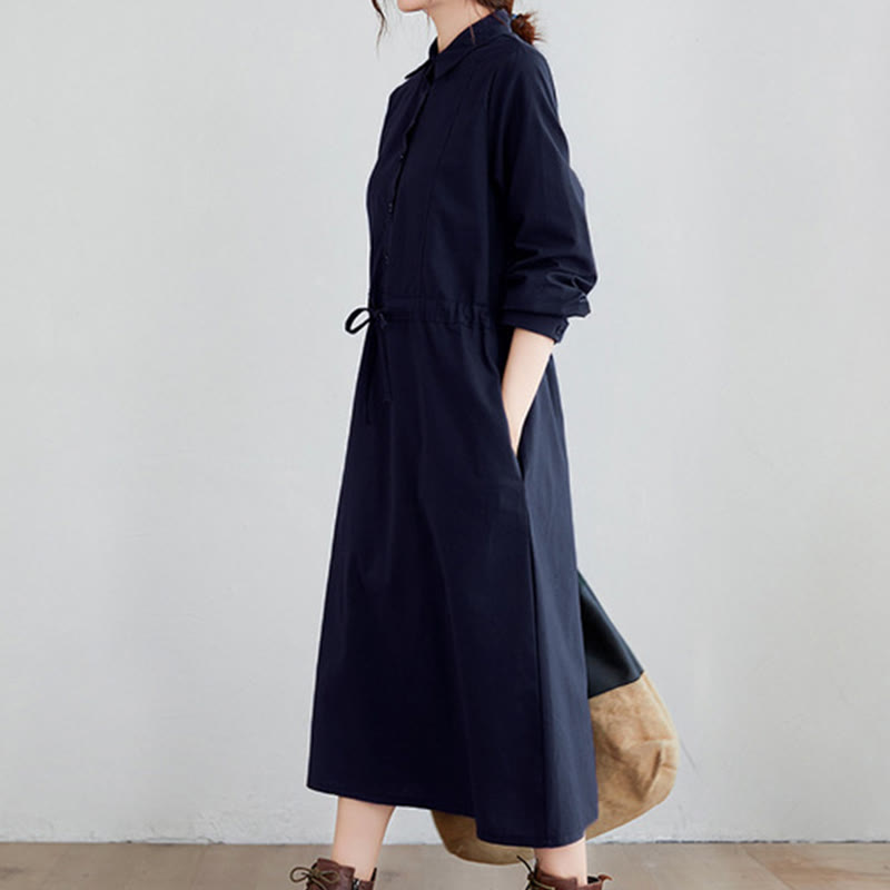 Buddha Stones Fall Solid Color Lace-Up Design Lapel Long Sleeve Cotton Midi Dress With Pockets