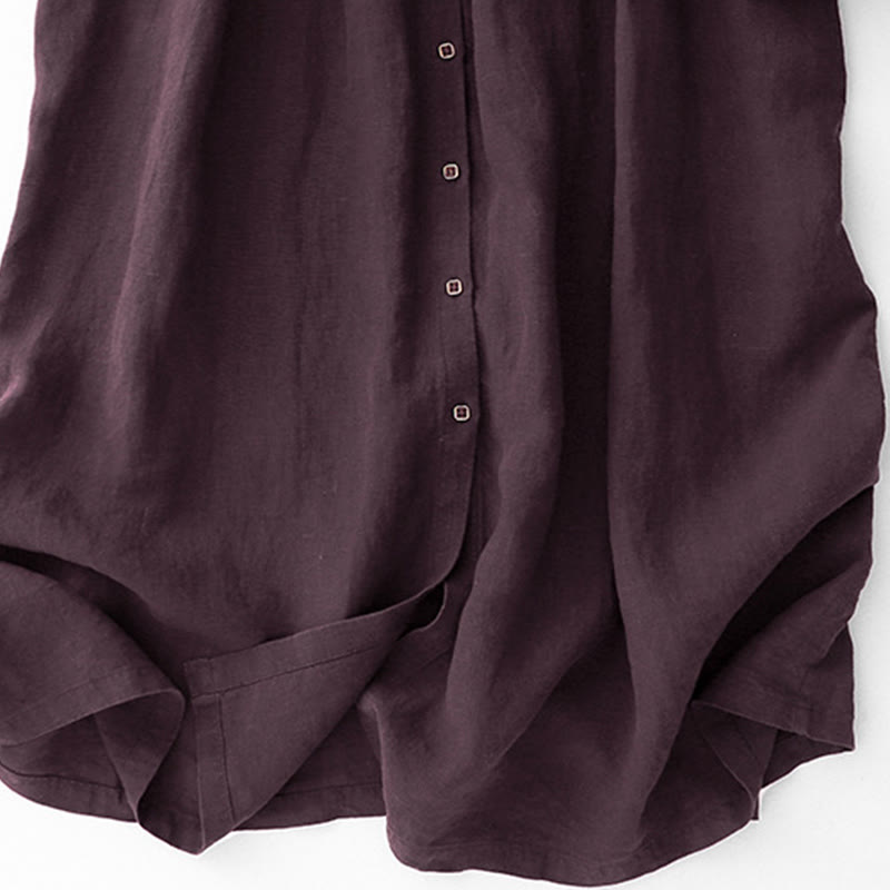 Buddha Stones Fall DarkMagenta V-Neck Buttons Design Cotton Long Sleeve Midi Dress