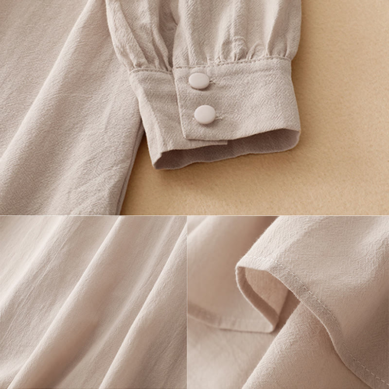 Buddha Stones Pure Color Stand Collar Double-breasted Buttons Design Cotton Long Sleeve Midi Dress