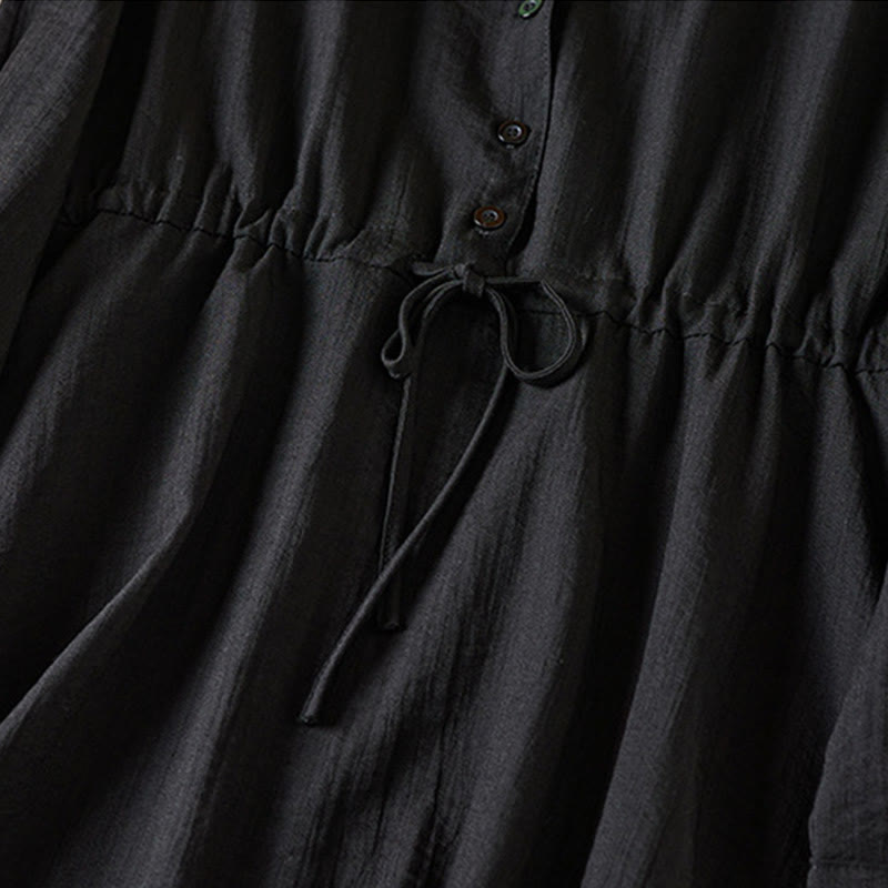 Buddha Stones Pure Color Notched Collar Drawstring Cotton Long Sleeve Midi Dress With Pockets