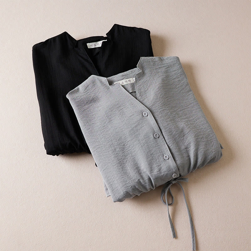 Buddha Stones Pure Color Notched Collar Drawstring Cotton Long Sleeve Midi Dress With Pockets