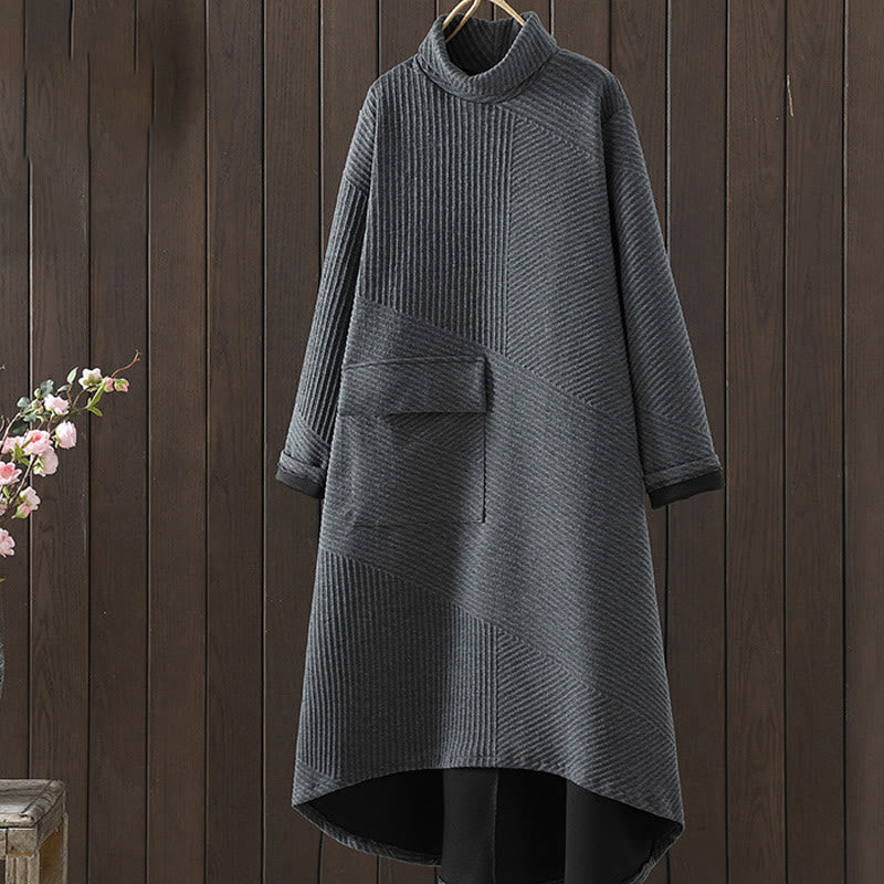 Buddha Stones Pure Color Irregular Design Cotton Turtleneck Long Sleeve Midi Dress With Pocket