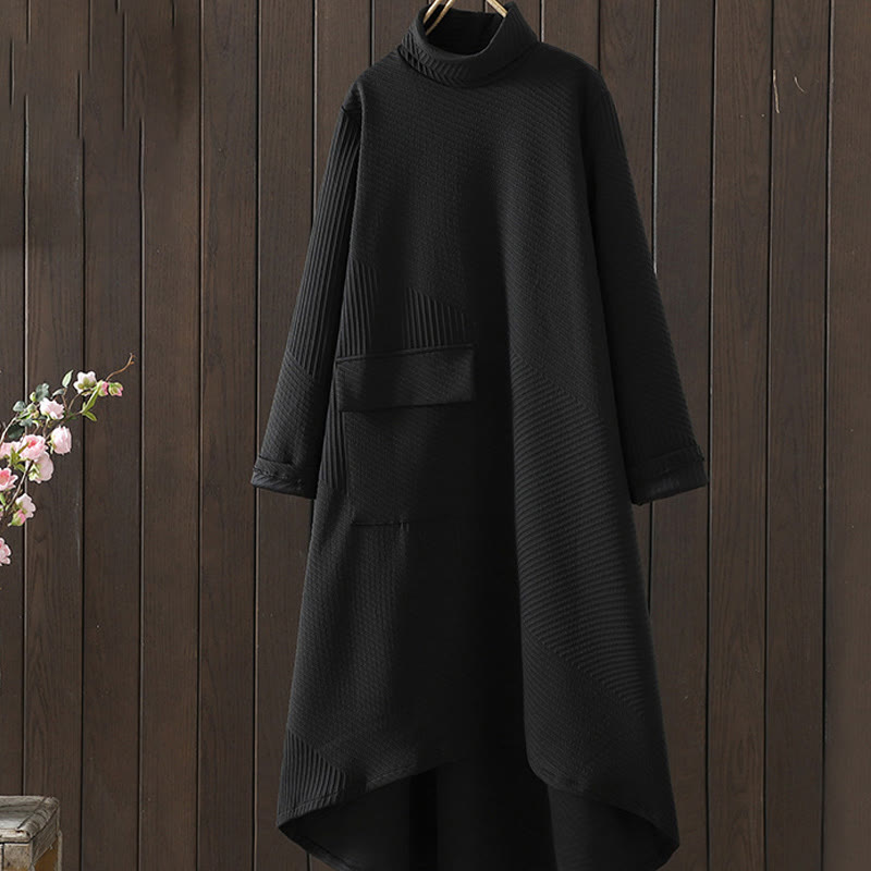 Buddha Stones Pure Color Irregular Design Cotton Turtleneck Long Sleeve Midi Dress With Pocket