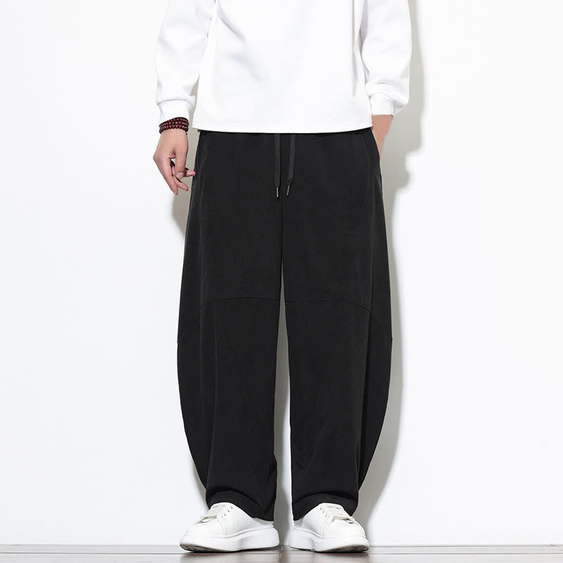 Buddha Stones Drawstring Solid Color Tapered Design Cotton Corduroy Men's Harem Pants With Pockets