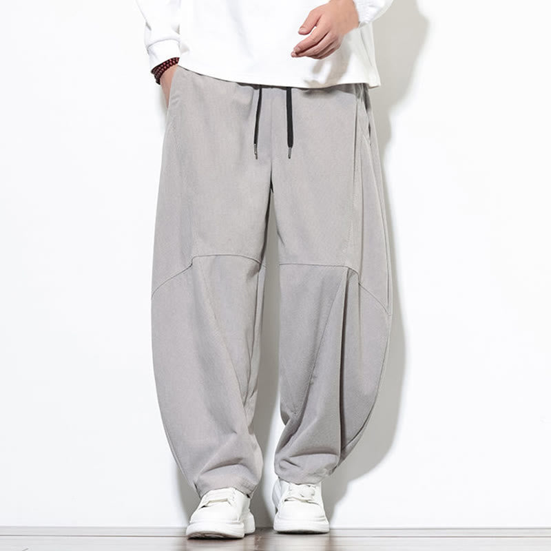 Buddha Stones Drawstring Solid Color Tapered Design Cotton Corduroy Men's Harem Pants With Pockets