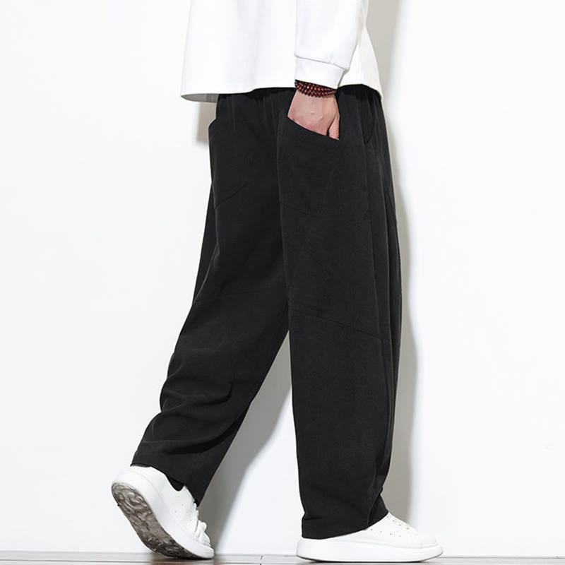 Buddha Stones Drawstring Solid Color Tapered Design Cotton Corduroy Men's Harem Pants With Pockets