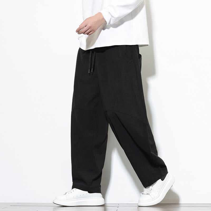 Buddha Stones Drawstring Solid Color Tapered Design Cotton Corduroy Men's Harem Pants With Pockets
